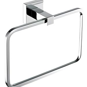 Contemporary chrome towel ring with square wall mount and black accent