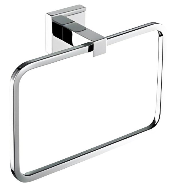 Contemporary chrome towel ring with square wall mount and black accent
