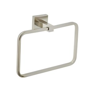 Brushed nickel towel ring with square backplate mounted on wall