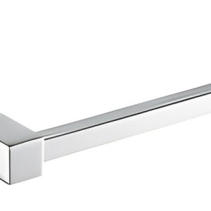 Modern chrome towel bar with square wall mount and black accent details
