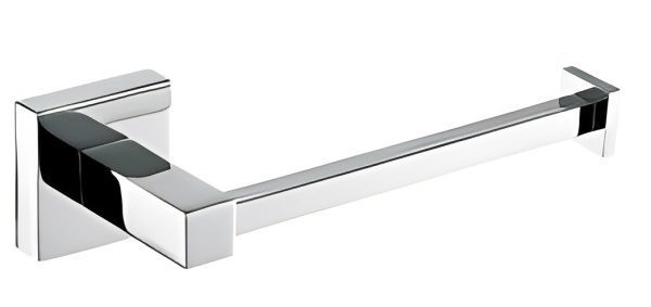 Modern chrome towel bar with square wall mount and black accent details