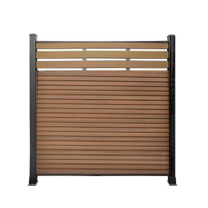 Modern composite fence panel with horizontal slats and black aluminum frame