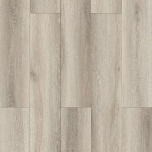 Gray and beige wood grain laminate flooring with varied plank widths in random pattern