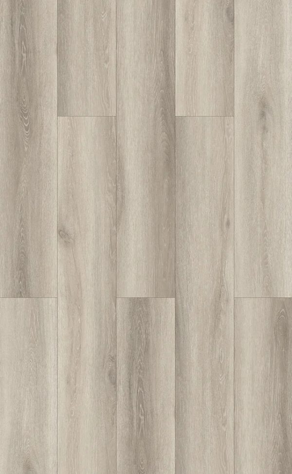 Gray and beige wood grain laminate flooring with varied plank widths in random pattern