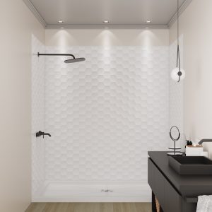 Bathroom shower enclosure with white hexagonal textured tile wall, black showerhead, chrome fixtures, and wooden flooring