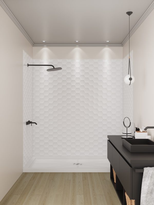 Bathroom shower enclosure with white hexagonal textured tile wall, black showerhead, chrome fixtures, and wooden flooring