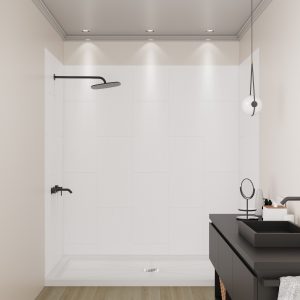 Modern bathroom with white subway tile shower surround, black fixtures, dark vanity with gray vessel sink, wooden floor, and recessed ceiling lights