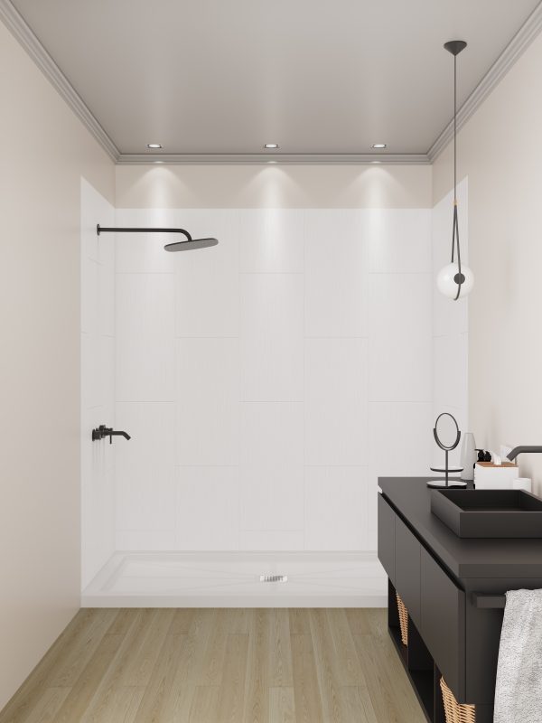 Modern bathroom with white subway tile shower surround, black fixtures, dark vanity with gray vessel sink, wooden floor, and recessed ceiling lights