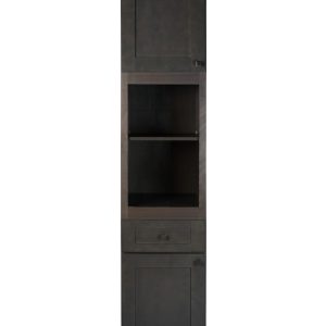 Tall narrow dark wood bathroom vanity cabinet with upper glass doors, middle open shelving, center drawer, and lower cabinet door