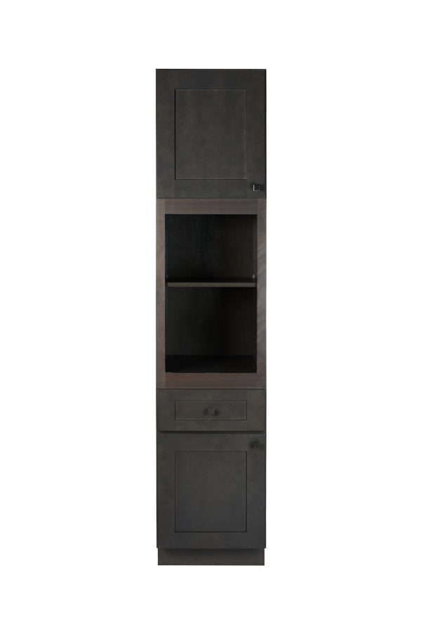 GX07154912 Tall narrow dark wood bathroom vanity cabinet with upper glass doors, middle open shelving, center drawer, and lower cabinet door