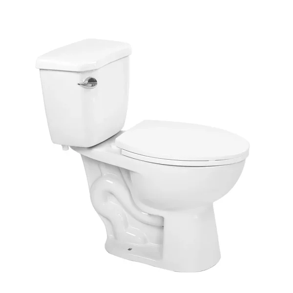 White two-piece toilet with round bowl and separate tank, side profile view