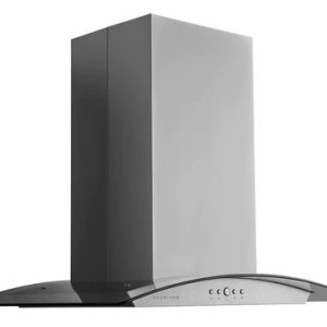 Sleek curved glass island kitchen hood with stainless steel column support and digital controls