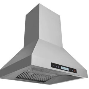 Contemporary pyramid-shaped kitchen chimney hood with metal grease filter and touch controls