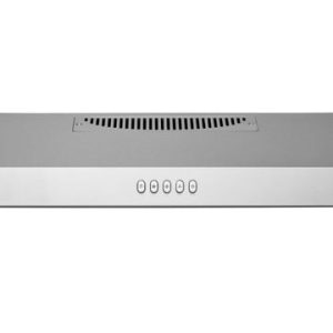 Stainless steel under-cabinet range hood with digital display showing five zeros
