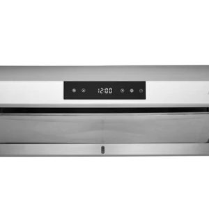 Stainless steel under-cabinet range hood with horizontal design, digital display, and auto-clean function