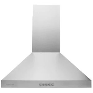Stainless steel pyramid-style range hood with touch controls on the front panel and vertical chimney