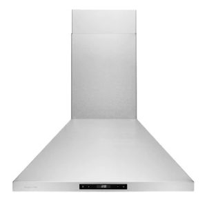 Stainless steel wall-mounted range hood with curved dome design and digital display control panel