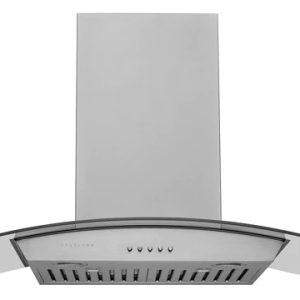 Stainless steel wall-mounted range hood with curved design, glass sides, and control buttons
