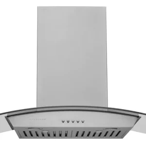 Stainless steel wall-mounted range hood with curved design, glass sides, and control buttons
