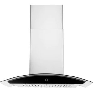 Curved black and stainless steel wall-mounted range hood with curved glass chimney and ventilation grilles