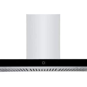 Black and stainless steel wall-mounted range hood with flat rectangular design and ventilation grilles
