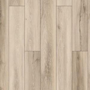 Light beige laminate wood flooring with realistic wood grain and random width planks in staggered pattern