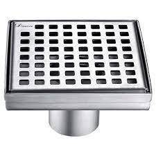 Square stainless steel floor drain with grid pattern grate and threaded outlet