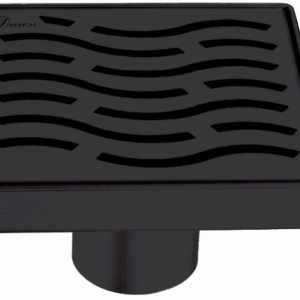 Black square floor drain with wave pattern grate and center drain outlet