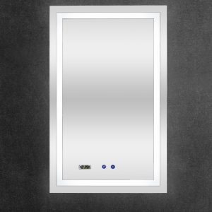 Vertical rectangular LED bathroom mirror with white frame, digital display showing time, and blue control buttons on dark wall