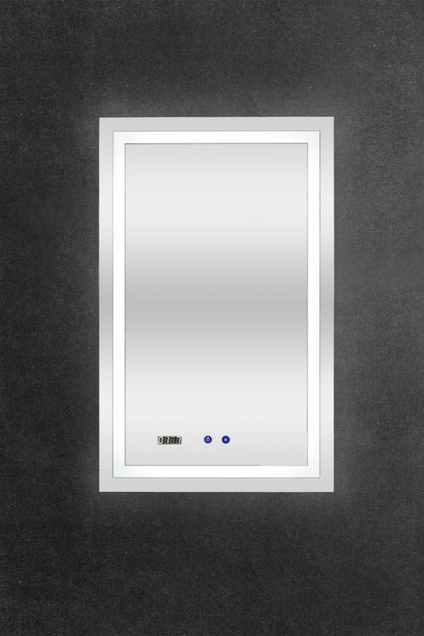 Vertical rectangular LED bathroom mirror with white frame, digital display showing time, and blue control buttons on dark wall