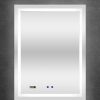 Vertical rectangular LED bathroom mirror with white frame, digital time display showing 23:24, and blue control buttons on dark textured background