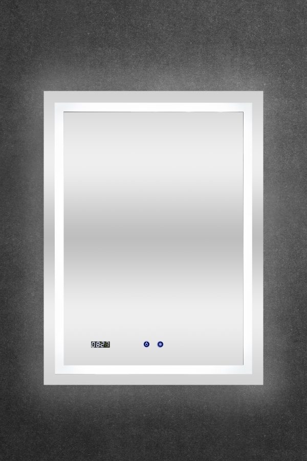 Vertical rectangular LED bathroom mirror with white frame, digital time display showing 23:24, and blue control buttons on dark textured background