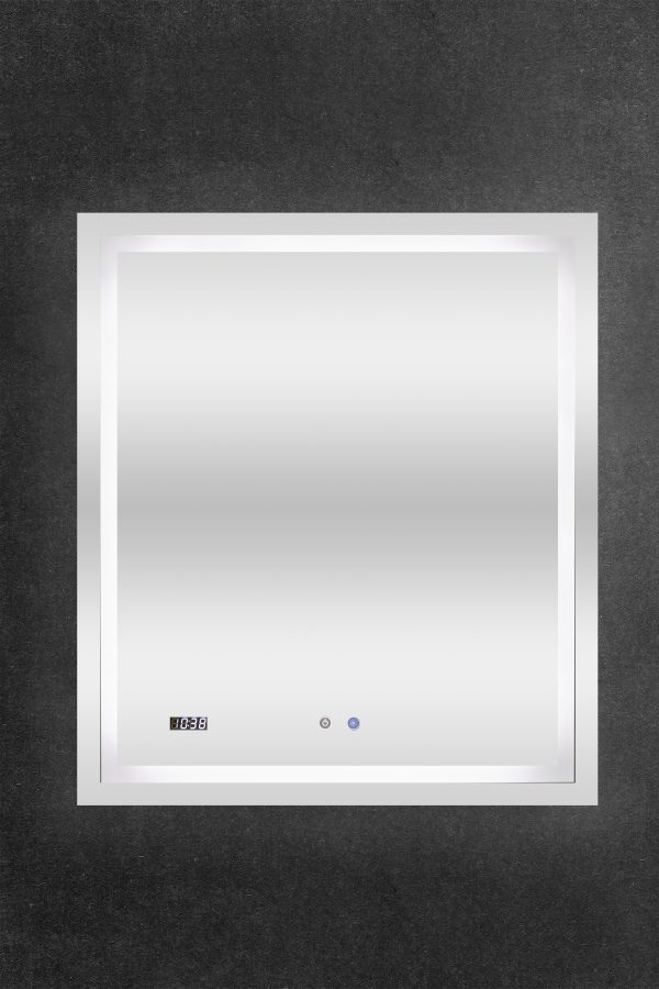 Square white LED bathroom mirror with digital clock display and touch controls mounted on dark wall