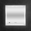 Square white LED bathroom mirror with digital time display and two control buttons on dark textured background