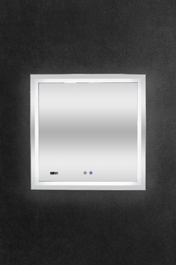 Square white LED bathroom mirror with digital time display and two control buttons on dark textured background