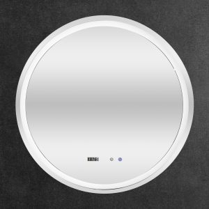 Round LED bathroom mirror with white frame, digital time display, and control buttons on dark textured wall