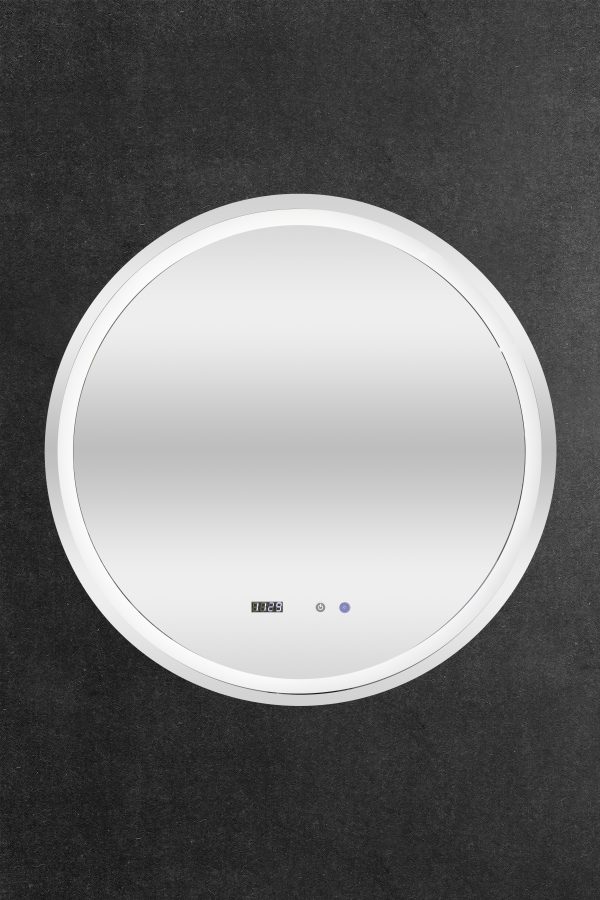 Round LED bathroom mirror with white frame, digital time display, and control buttons on dark textured wall