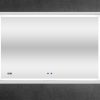 Rectangular white LED bathroom mirror with digital clock and dual control buttons on dark gray wall