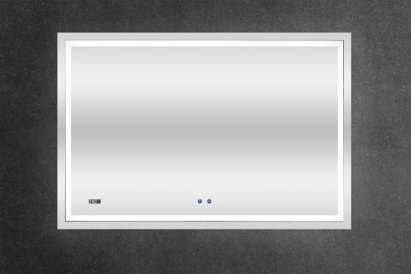 Rectangular white LED bathroom mirror with digital clock and dual control buttons on dark gray wall