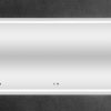 Wide rectangular white LED bathroom mirror with digital clock display and touch controls mounted on dark wall