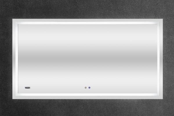 Wide rectangular white LED bathroom mirror with digital clock display and touch controls mounted on dark wall