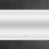 Extra-wide rectangular white LED bathroom mirror with digital clock and two control buttons on dark textured background