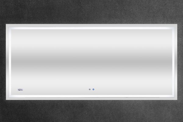 Extra-wide rectangular white LED bathroom mirror with digital clock and two control buttons on dark textured background