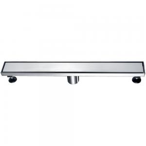 Modern stainless steel linear drain with minimalist brushed finish and adjustable feet