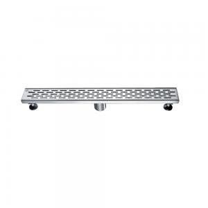 Linear stainless steel floor drain with perforated grate surface and wall-mounted brackets