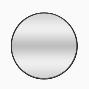 Round mirror with black frame and reflective surface