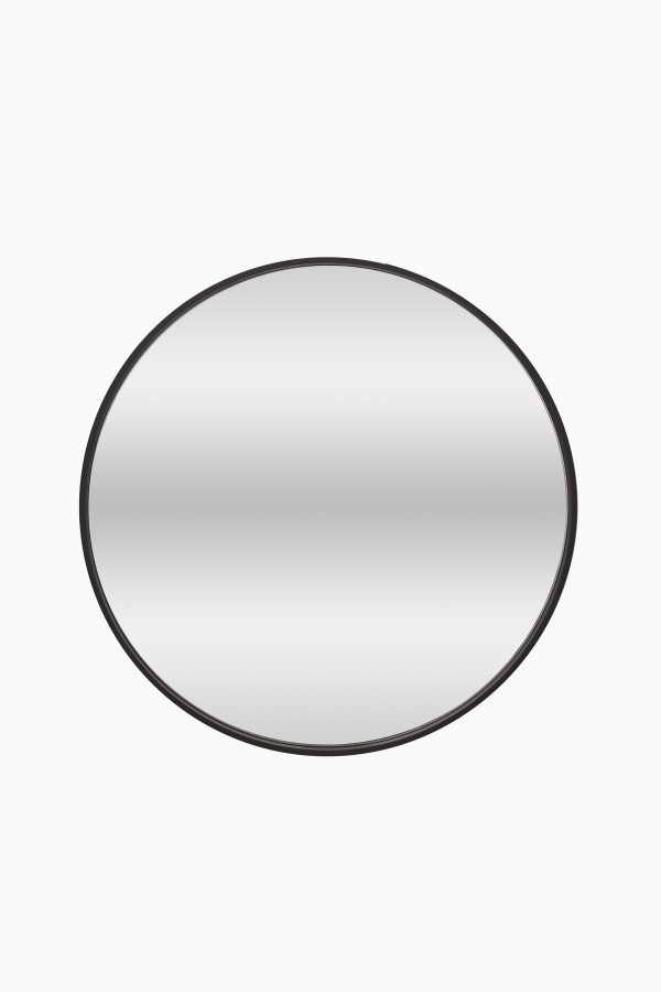 Round mirror with black frame and reflective surface