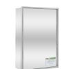 Silver-framed recessed medicine cabinet with single mirrored door closed for bathroom wall mounting