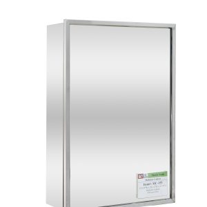 Silver-framed recessed medicine cabinet with single mirrored door closed for bathroom wall mounting