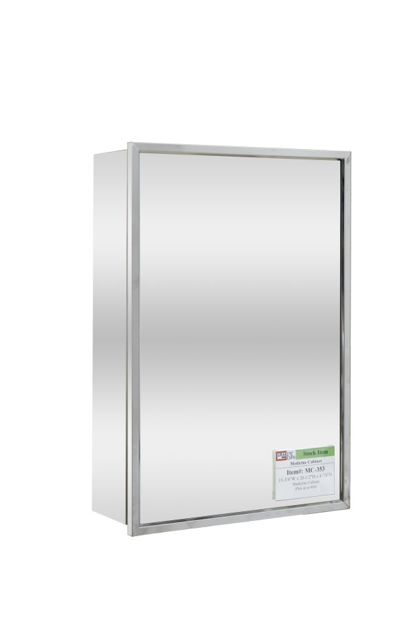 Silver-framed recessed medicine cabinet with single mirrored door closed for bathroom wall mounting